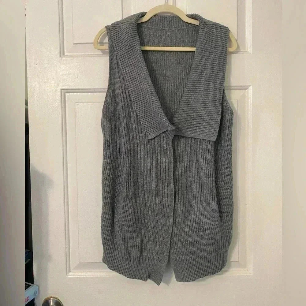 Womens Grey Asymmetrical Sleeveless Open Tunic‎ Sweater Cardigan Pockets